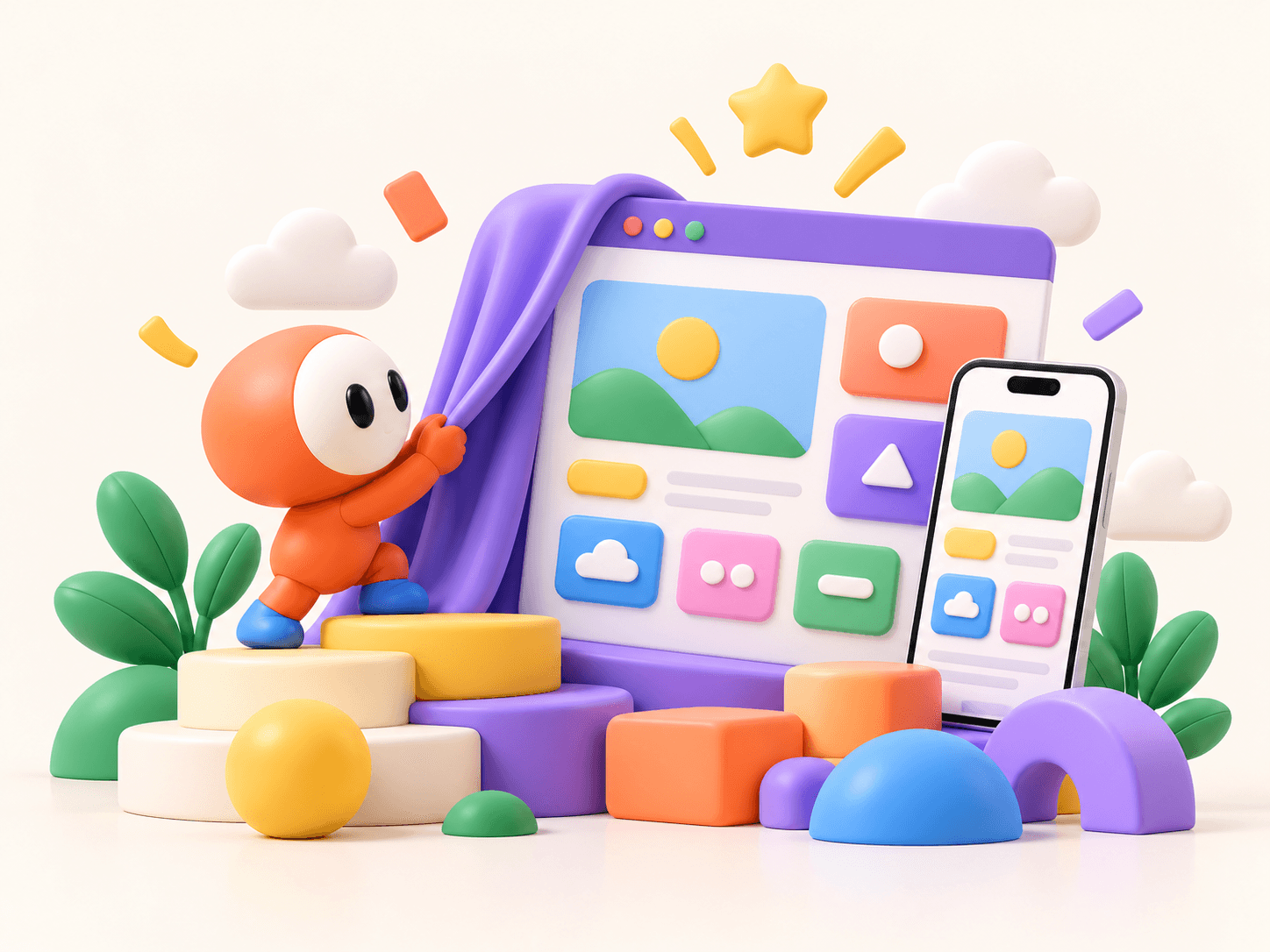Pachilino pulling back a curtain on a finished website and app